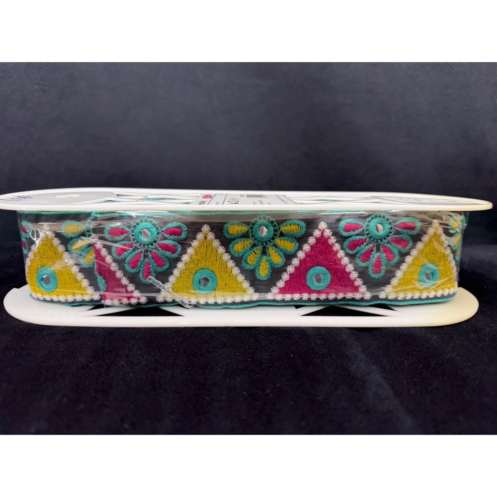 Simplicity Ribbon Trim NEW 6 Yards X 2" Pink Yellow Embroidered Indian Ethnic
